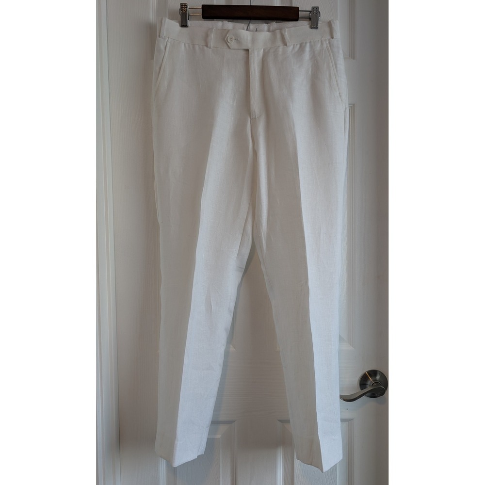 Bachrach Mens 34W White 100% Linen Dress Pants Flat Front Lined Summer Trousers